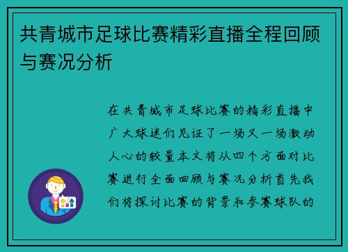 共青城市足球比赛精彩直播全程回顾与赛况分析